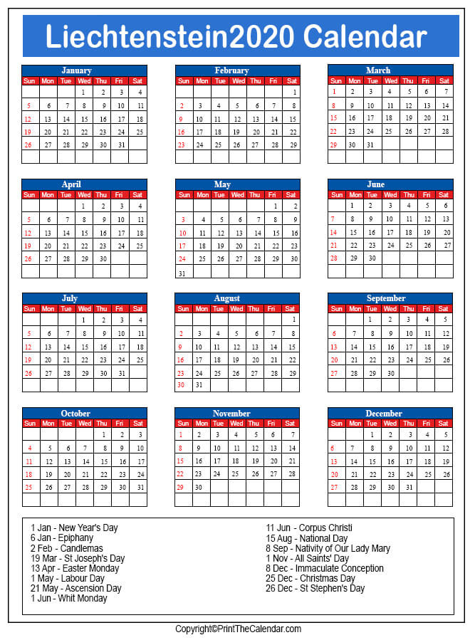 Liechtenstein Printable Calendar 2020